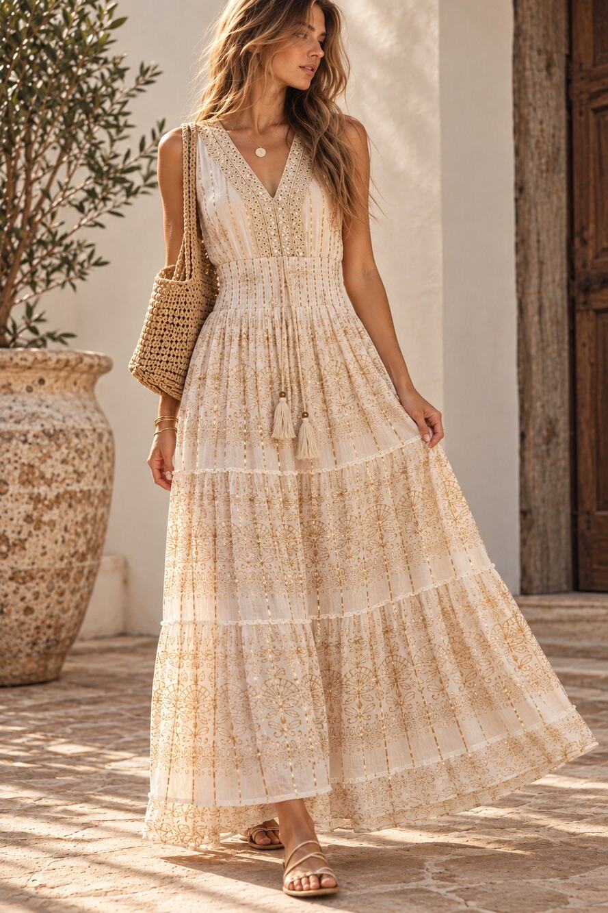 Anthropologie Magic Ivory Gold Boho Maxi Dress M Sequin Goddess Smocked Festival